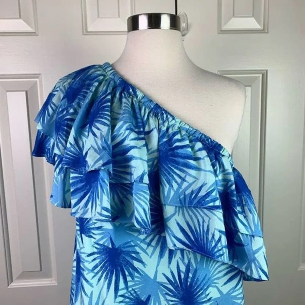 VINEYARD vines blue electric palm asymmetrical dress 4 - Picture 2 of 7